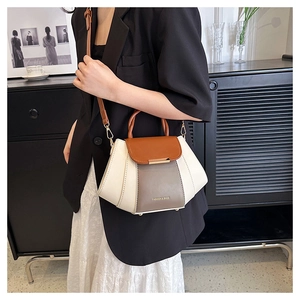 Detail of a color-block crossbody bag with Fashion & Bags print worn by a model