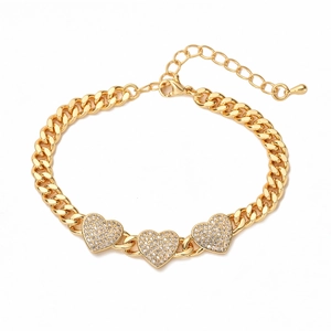 18K gold plated heart pendant bracelet with zircon stones and adjustable Cuban chain for women