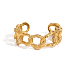 Polished gold stainless steel open cuff bracelet with thick chunky chain link design
