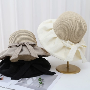 Summer hollow knit bucket hats for women with sun protection and decorative bows