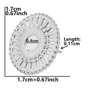 Detailed view of silver stainless steel sunburst earring with precise size measurements