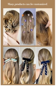 Collage showing various tortoise shell acetate hair clips and velvet bow clips on hair