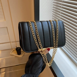Vertical Quilted PU Leather Crossbody Bag For Women With Gold Chain Strap Minimalist Square Shoulder Bag Fashion