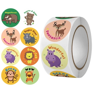 500pcs reward stickers roll with cute cartoon animals and English encouraging words