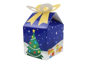 Blue Christmas house-shaped gift box with festive tree prints and yellow bow closure detail