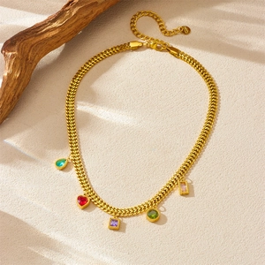 Gold braided stainless steel necklace with five colorful geometric gemstone charms