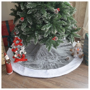 Gray plush Christmas tree skirt with white faux fur edge and festive embroidery