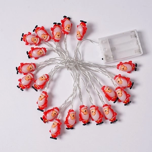 Detailed macro view of festive Santa Claus LED string lights with battery control box
