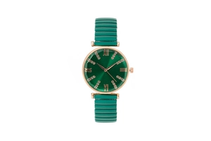 Detail of green sunray dial watch with Roman numerals and rhinestone markers
