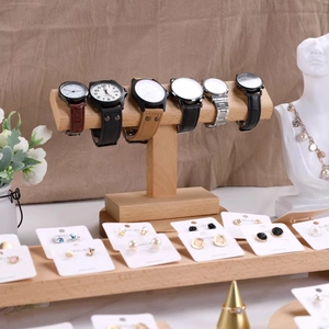 Solid wood T-bar watch stand and multi-tier earring display organizer for jewelry retail
