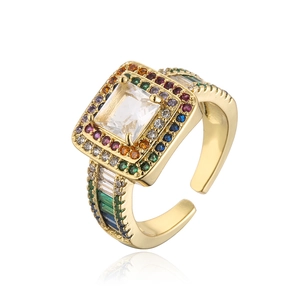Exaggerated 18K gold geometric open ring with square zircon and colorful pave crystals
