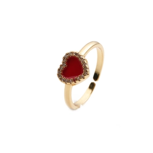 Verstellbarer 18k vergoldeter Kupferring mit rotem Emaille-Herz und Zirkon-Rand
