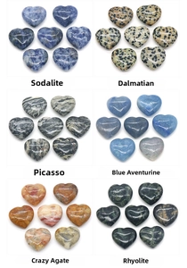Variety set of polished 20mm heart-shaped natural crystals including Sodalite and Jasper