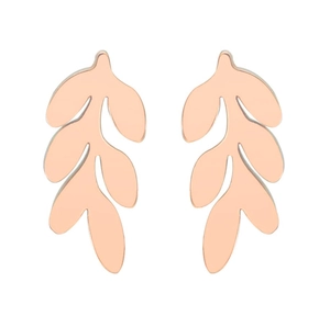 Close-up of minimalist rose gold leaf stud earrings with detailed wheat ear design