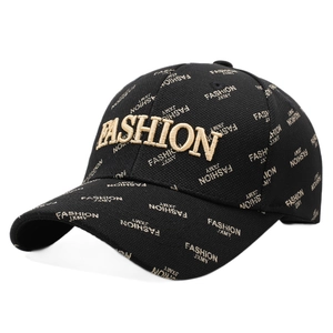 Black embroidered baseball cap with all-over fashion lettering shown at a 45-degree angle