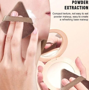 Brown triangle makeup puff set for powder application with a soft texture and hand strap