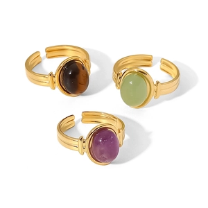 Three-piece set of 18K gold plated oval semi-precious stone open rings in various colors