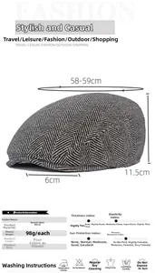 Detailed size guide for wool blend herringbone newsboy cap with material specifications
