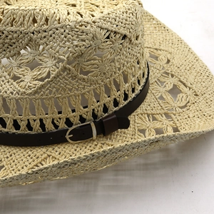 Chapeau de soleil en paille de papier tissé à la main avec ceinture en cuir et boucle