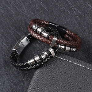 Men Braided Leather Bracelet With 316 Stainless Steel Magnetic Clasp Multilayer Woven Punk Vintage Casual Jewelry