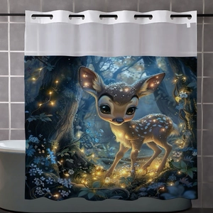 Detail of waterproof forest stag curtain with dreamlike blue woodland pattern