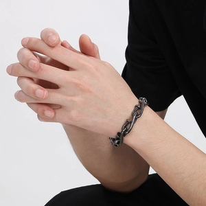 Vintage industrial style men's black titanium steel link chain bracelet with rivet details
