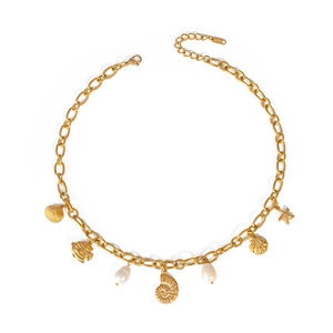 Detail of gold stainless steel necklace with sea shell starfish and pearl charms