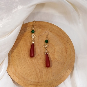 Vintage Chinese style earrings with red water drop stone and golden cloud motifs