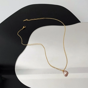 French vintage style titanium steel necklace featuring a single natural purple pearl pendant