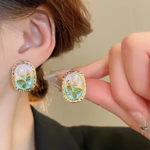 French Retro Oval Tulip Flower Enamel Earrings With Faux Artificial Pearl Rhinestone And 925 Sterling Silver Earring Post Elegant