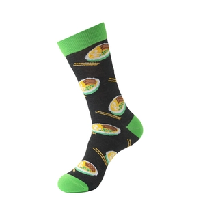Detailed close-up of a cotton crew sock featuring creative Japanese ramen noodle pattern