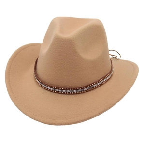 Classic khaki felt western cowboy hat with studded rhinestone leather band and wide brim