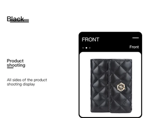 Front view of black quilted leather card holder with gold hexagonal logo detail