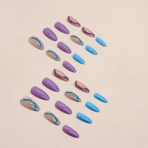 24-piece almond press-on nails with blue purple waves, leopard prints, and gold glitter