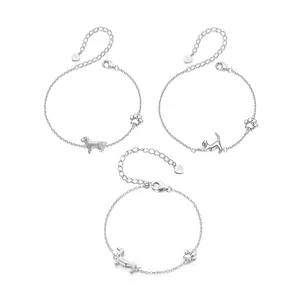Cute Dachshund Dog Cat Animal Silhouette Charm Bracelet 925 Sterling Silver Platinum Plated Paw Print Jewelry For Women