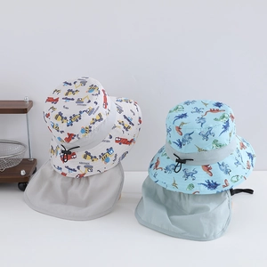Kids Sun Hat With Neck Flap Polyester Quick Dry UV Protection Cartoon Dinosaur Car Print Breathable Bucket Hat
