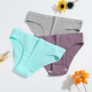 Women Panties Ribbed Cotton Breathable Low Waist Solid Color Briefs Underwear Skin Friendly Soft Lingerie For Girls