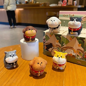 Cute resin dog figurines with detailed fur texture, collars and bells for home desktop decor