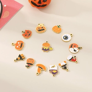 13-piece Halloween enamel charms set featuring pumpkin, ghost, and witch hat motifs