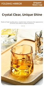 Detailed view of amber pleated glass with ripple texture on a wooden tray