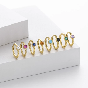 Minimalist S925 sterling silver hoop earrings with colorful gemstones in gold finish