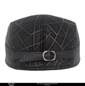Back view of premium black leather flat cap with geometric texture and metal buckle