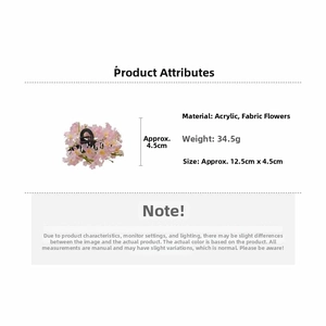 Detail view of 12.5cm floral hair claw clip with pink fabric flowers and acrylic base