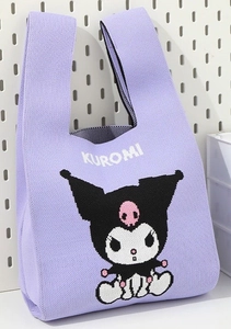 Detail of purple knitted tote bag featuring a high-quality Sanrio Kuromi character pattern