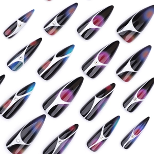 Black stiletto press-on nails with aurora gradient effect and silver curved lines