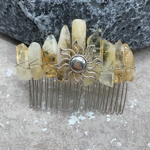 Handmade silver hair comb with natural yellow crystal stones and sun pendant