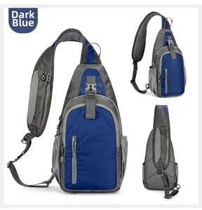 Three-view layout of deep blue waterproof chest bag with multiple storage compartments
