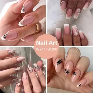 Close-up of four assorted almond and coffin press-on nails with leopard and floral patterns