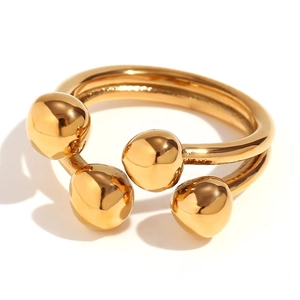 18K gold plated stainless steel open ring with polished dual ball ends on white background