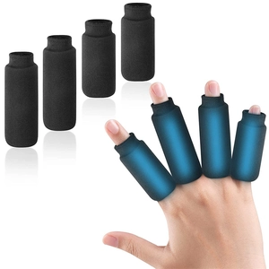 Close-up of flexible black gel finger cold pack sleeves for injury relief